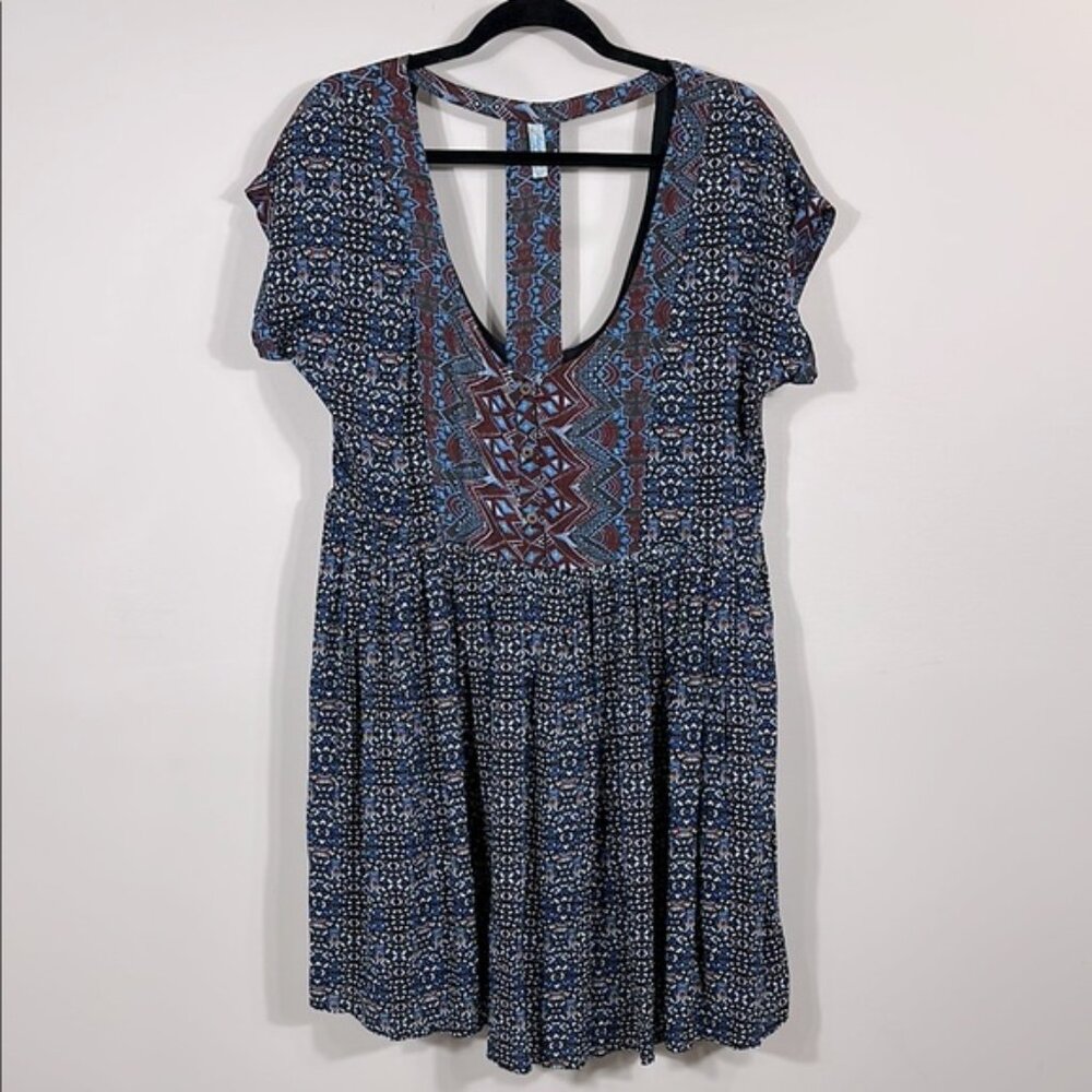 Free People Blue Red Geometric Lined Boho Mini Dress Women Size Large